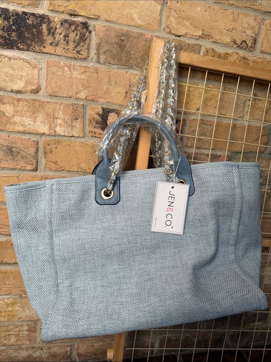 Jen & Co Handbags - NWT: JEN & CO. Light Blue Woven Tote Bag with Chain-Accent Handles